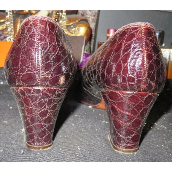 Antonelli Brown Croc Embossed Italian Leather Fringe Block Heeled Pumps size 7 - Picture 3 of 10